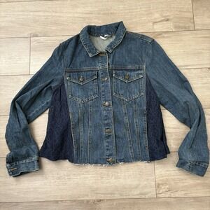 Free People Lace Panel Distressed Denim Jean Jacket Sz Large L Button Collared